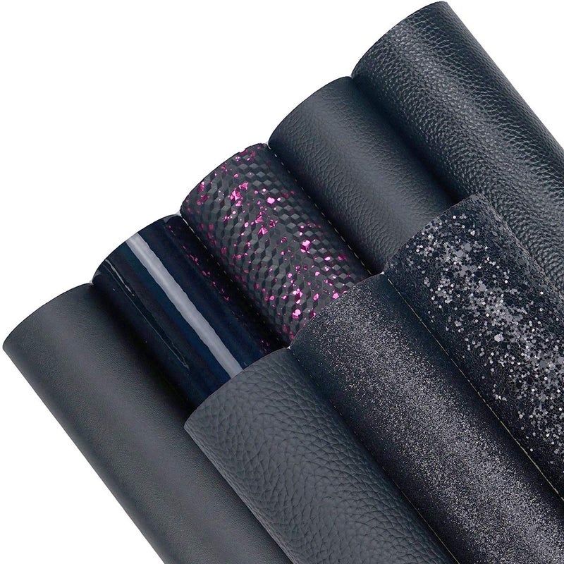 Litchi 8 Pieces 8x12 Inch Black Series Faux Leather Sheets Including 8 Kinds Leather Sheets for Leather Bows and Earrings Making - Image 1